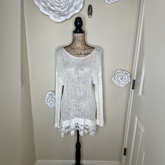 NTM: Entro Open Weave Knit Crochet Layered Lace Cream Tunic Sweater Sz M - Picture 2 of 16